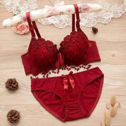 Bralette Embroidered Padded Push up Lace Bra & Brief Set - Maroon