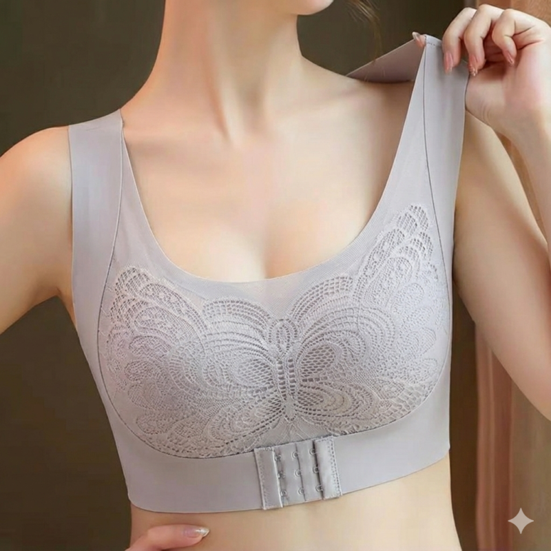 Butterfly Lace Front Open Bra - Gray